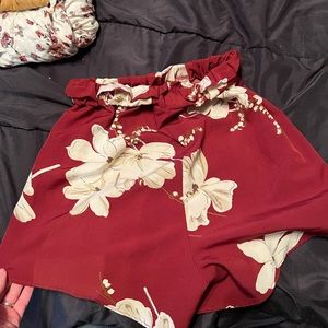 Red floral paper bag shorts
